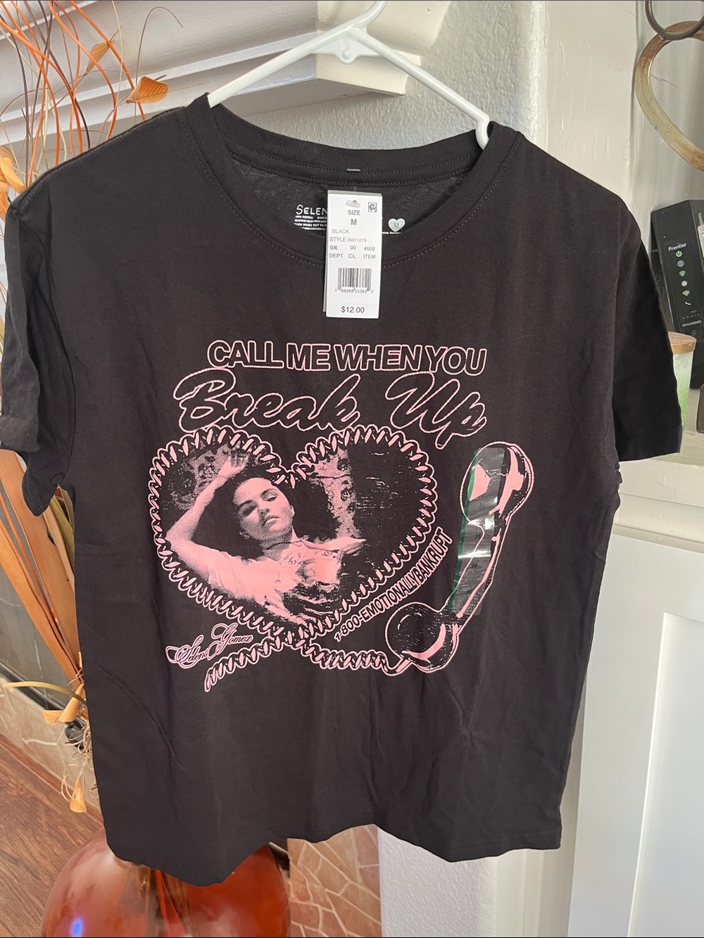 Selena Gomez Black Tee with Pink Heart & Retro Phone Graphic